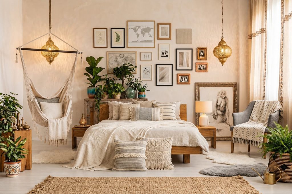 Warm Bohemian bedroom featuring layered textiles, natural wood furniture, indoor plants, woven décor and handcrafted lighting.