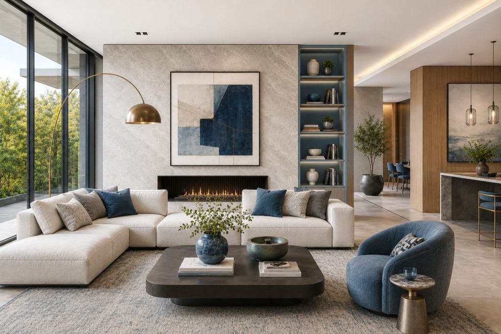 Elegant living room with neutral furnishings, blue accents and modern fireplace