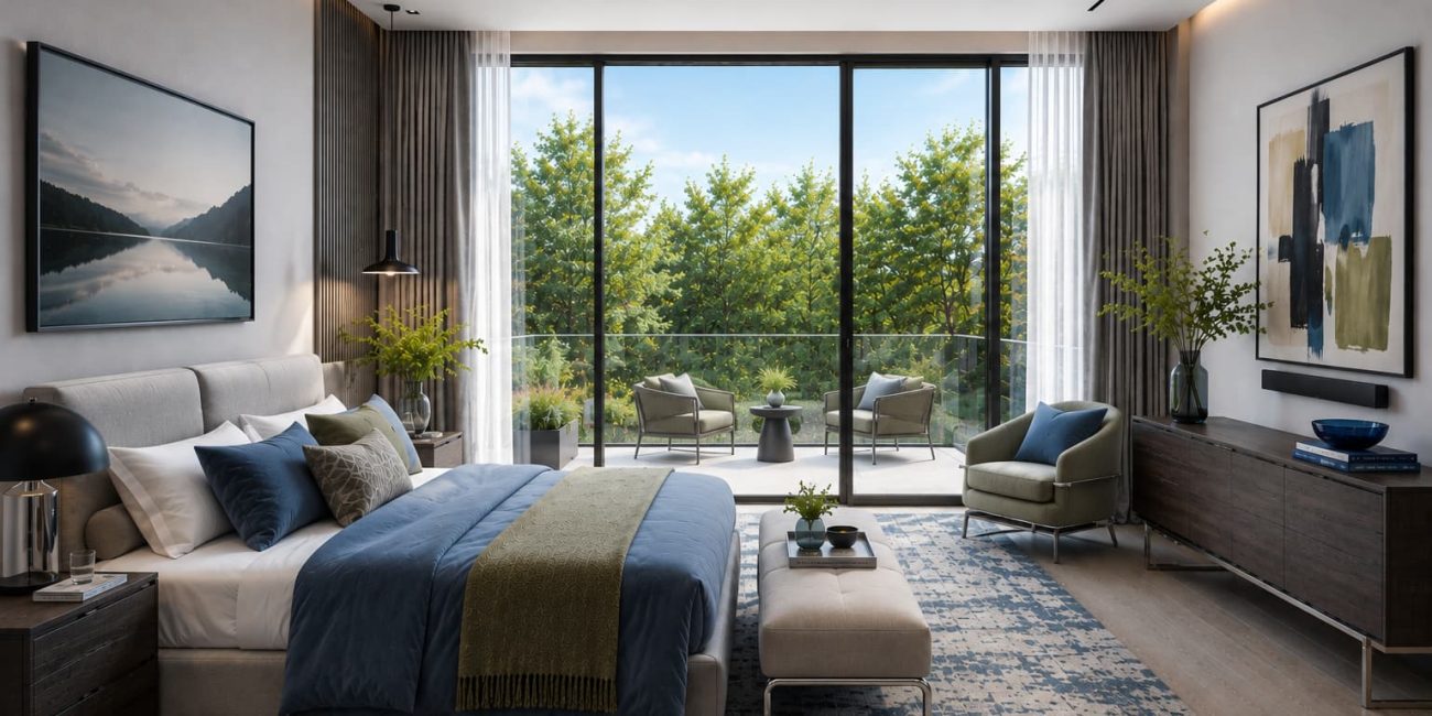 Sophisticated bedroom with minimalist furniture, layered textures, warm lighting and a calm modern atmosphere