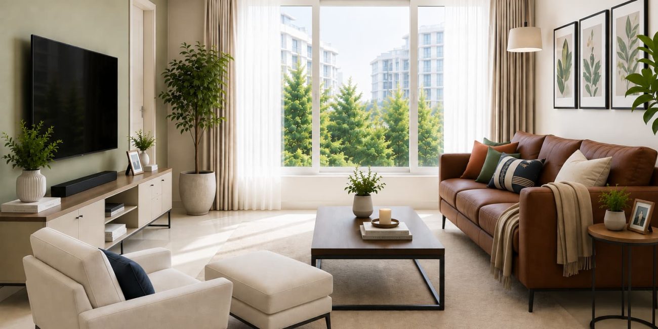 Stylish family living space with leather sofa, modern furniture and natural light