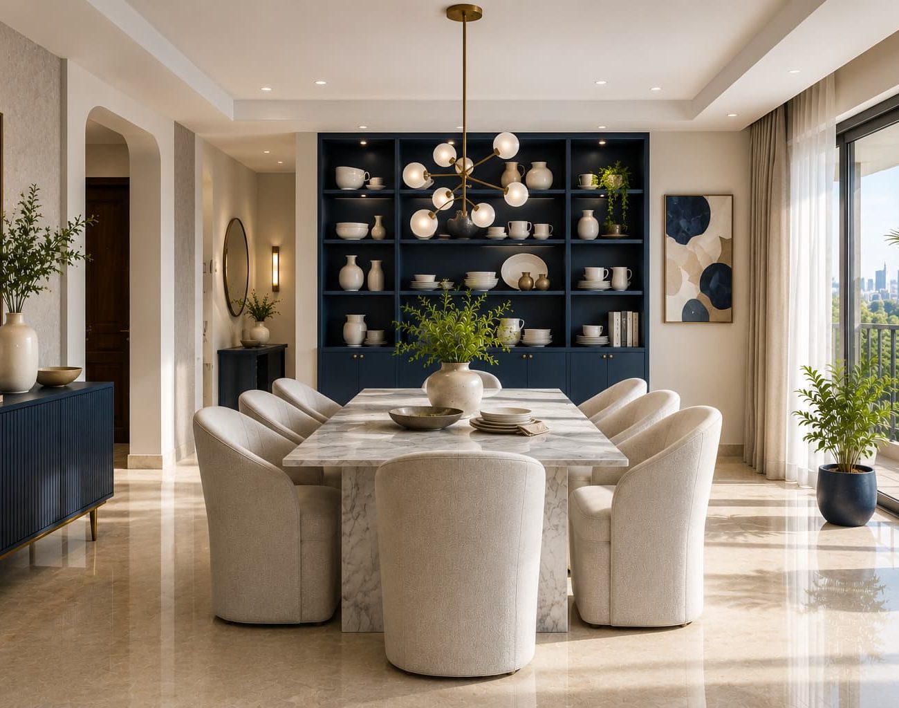 Elegant dining area with marble table, upholstered chairs and dark blue display cabinetry