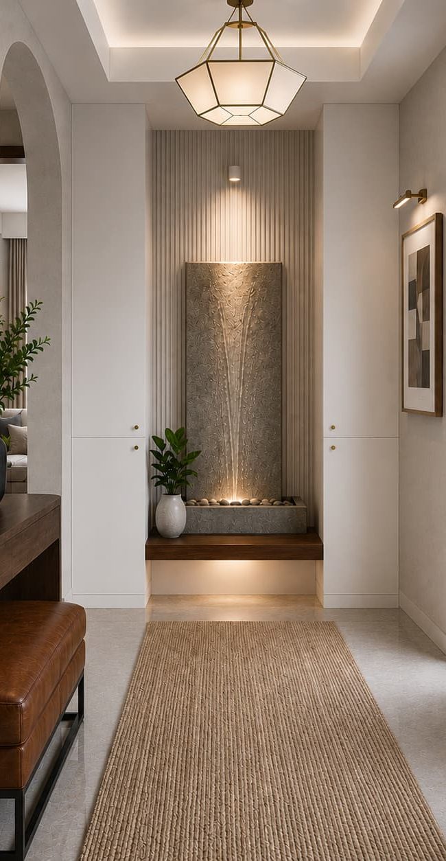 Elegant contemporary entrance foyer with wooden door, console and decorative water feature