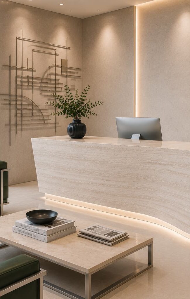 Elegant reception lounge with dark seating, natural stone finishes and warm architectural lighting