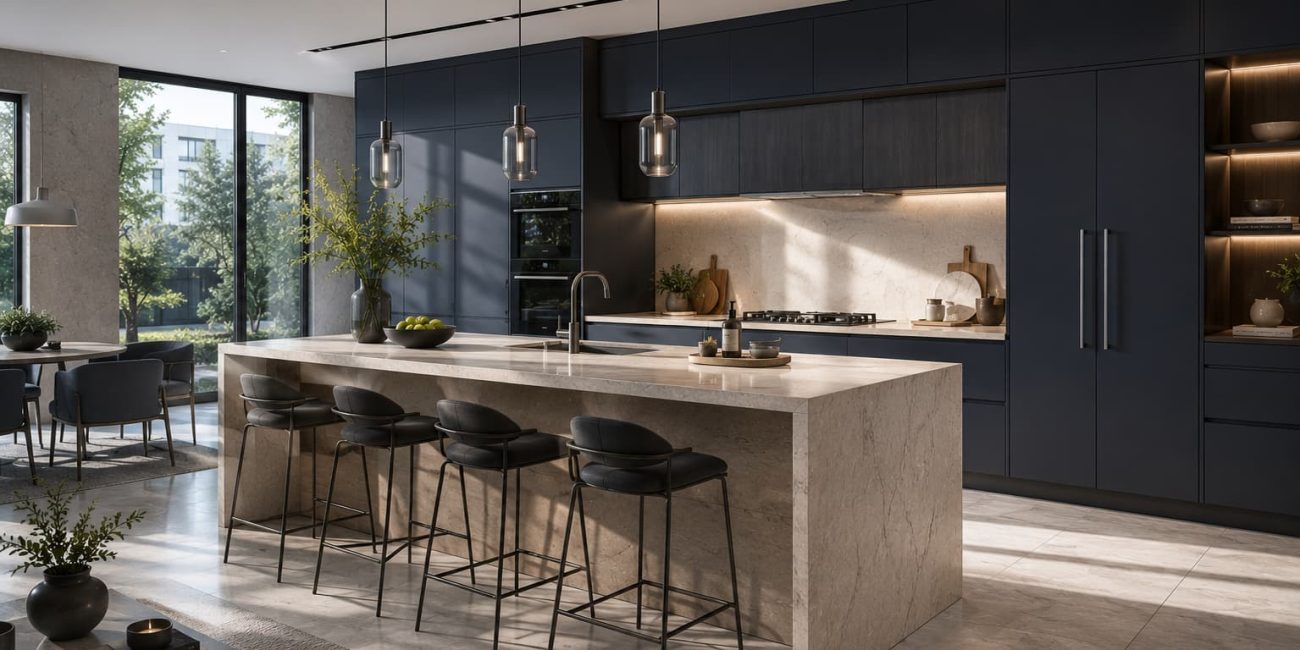 Sleek modular kitchen with dark cabinetry, a large stone island, integrated appliances and minimalist detailing