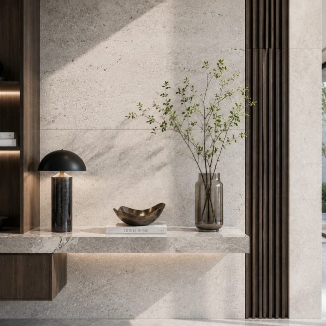 Architectural interior detail featuring illuminated wood shelving, natural stone surfaces and carefully curated décor