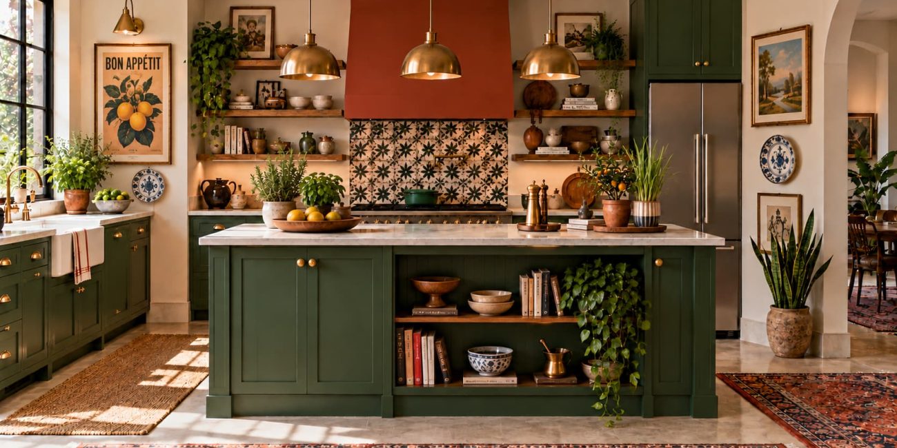 Eclectic kitchen with deep green cabinetry, marble island, terracotta range hood, patterned backsplash, brass lighting, open shelving and kitchen herbs