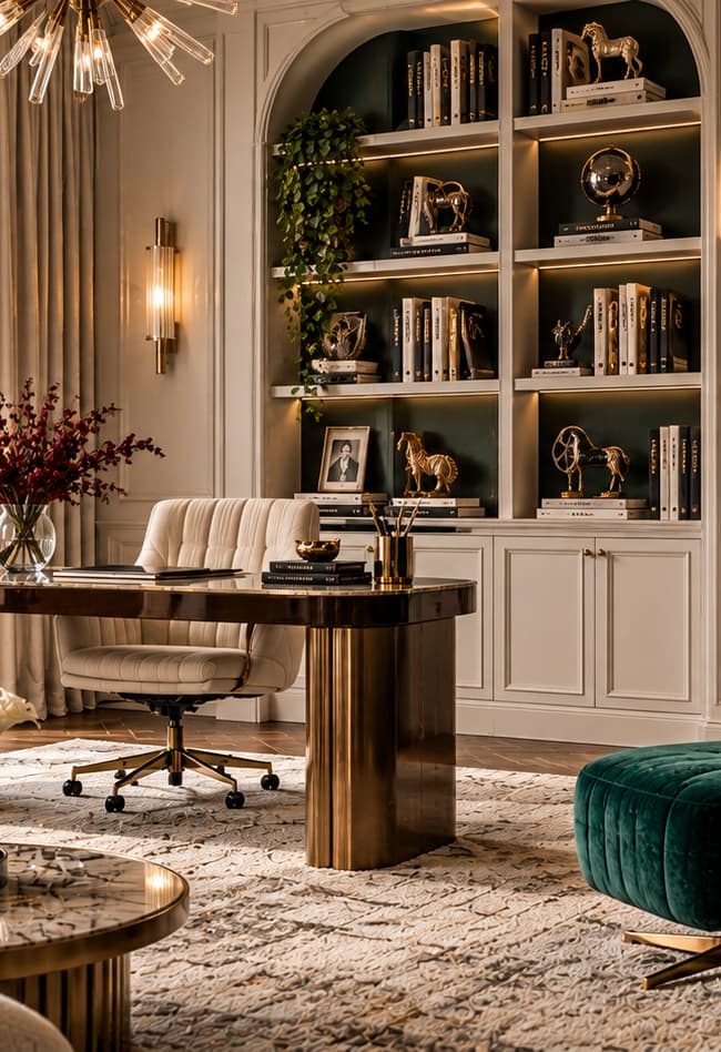 Elegant home office with a brass desk, built-in bookshelves, emerald velvet armchair, cream seating, black accents, artwork and city views