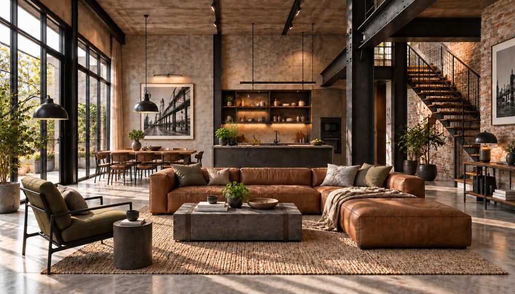 Open-plan living room with an exposed brick wall, black steel framing, concrete flooring, cognac leather seating, timber furniture and an adjoining kitchen