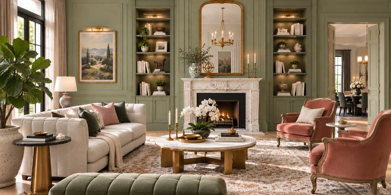 Sophisticated living room with sage green moulded walls, marble fireplace, built-in shelving, upholstered seating and brass lighting