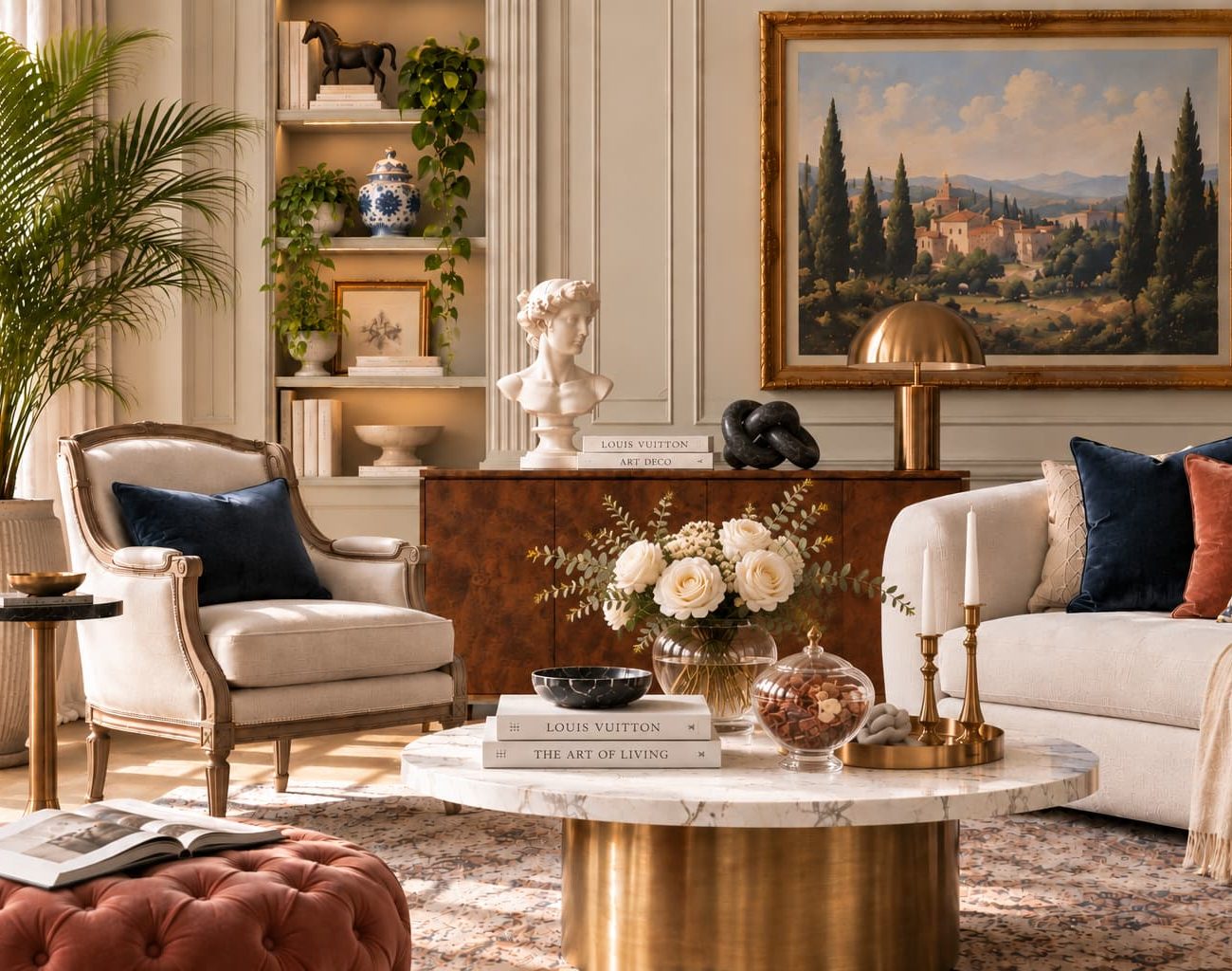 Refined living room detail featuring a carved wood sideboard, marble coffee table, brass lamp, framed landscape artwork and sculptural accessories