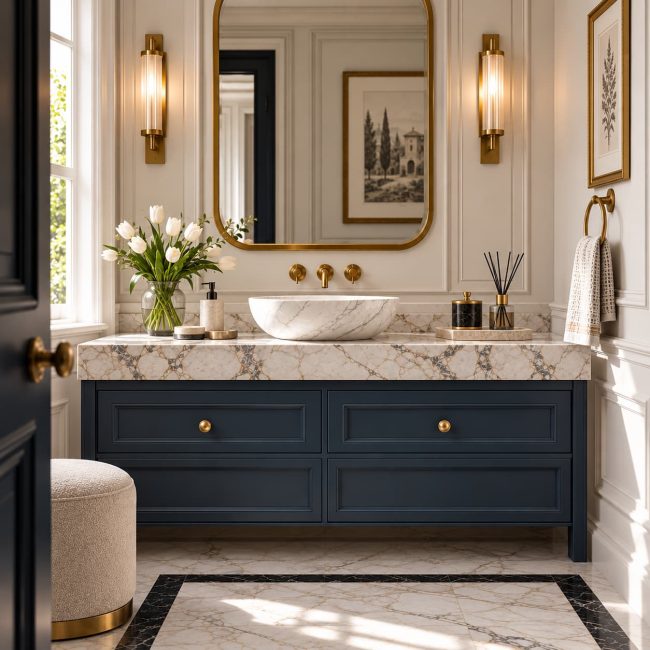 Elegant bathroom with navy panelled vanity cabinetry, veined marble countertop, brass fixtures, framed artwork and decorative wall moulding