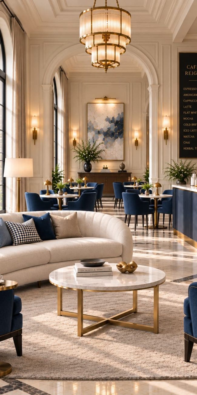 Elegant café interior with deep blue upholstered seating, marble tables, tall arched windows, classical arches and brass lighting