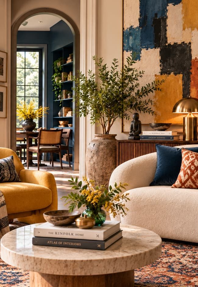 Living room with a mustard armchair, curved cream sofa, blue accents, patterned textiles, vintage-inspired furniture and contemporary artwork