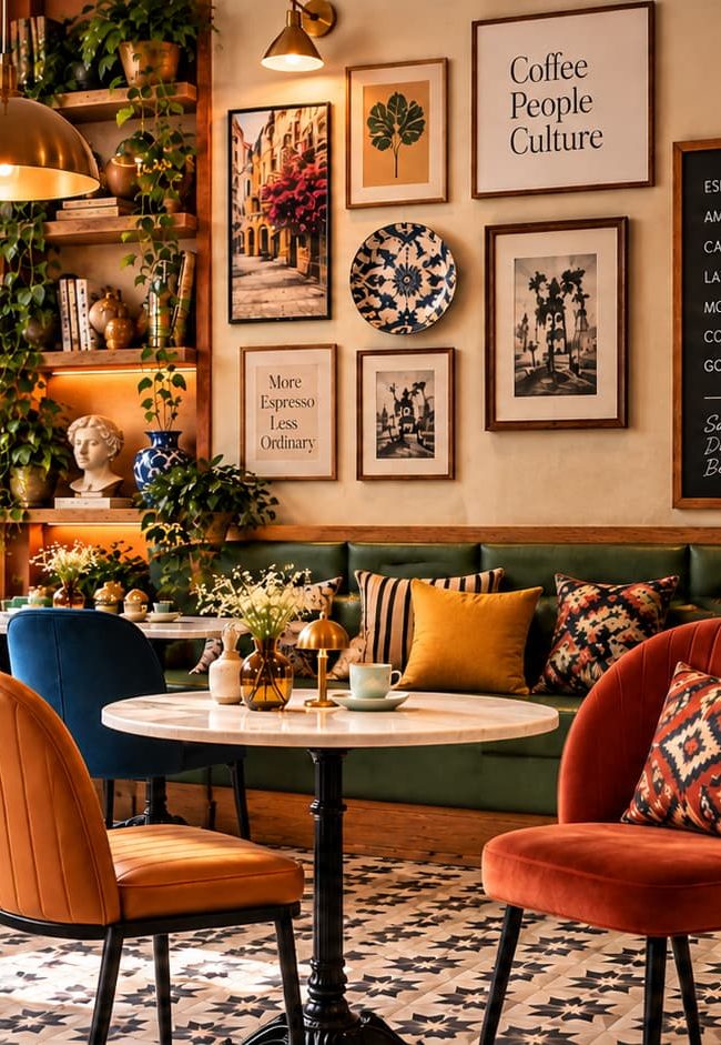 Café interior with mismatched seating, patterned flooring, layered artwork, brass lighting, wood shelving, plants and colourful textiles