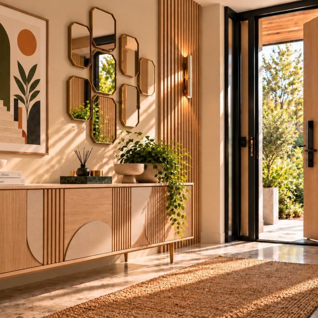 Bright entryway with a light wood console, geometric artwork, sculptural mirrors, indoor greenery and an open garden-facing door