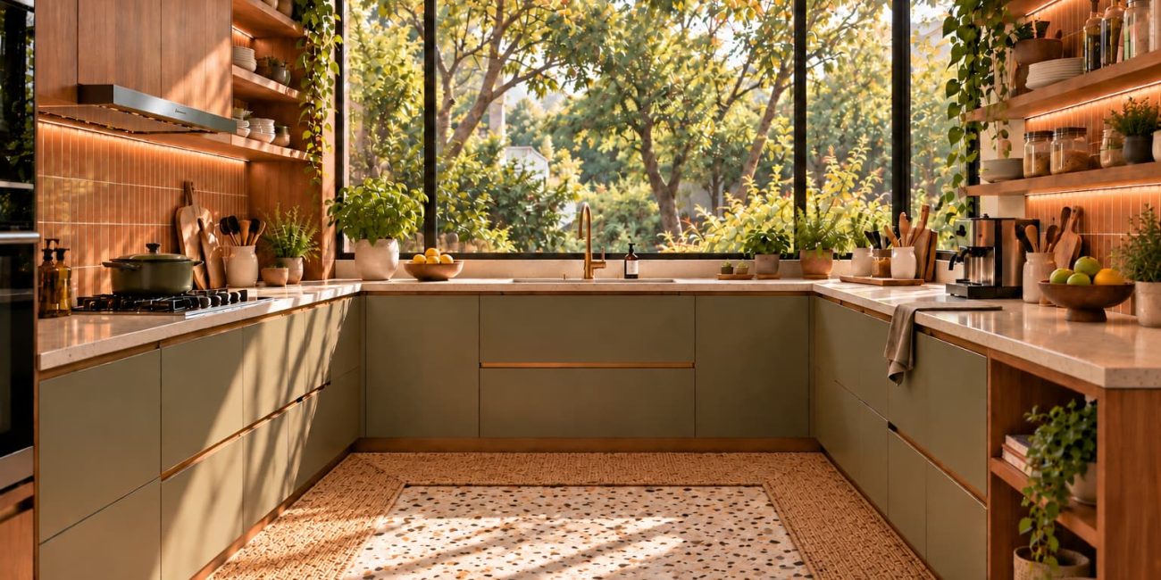U-shaped kitchen with muted green cabinetry, open wood shelving, a tiled backsplash and a large window overlooking the garden