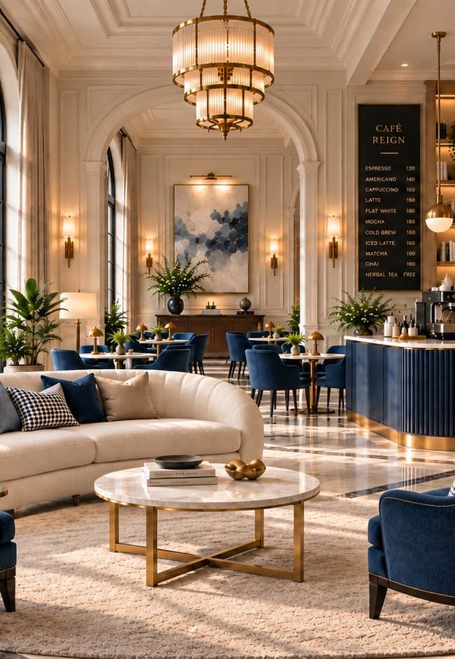Elegant café interior with deep blue upholstered seating, marble tables, tall arched windows, classical arches and brass lighting.